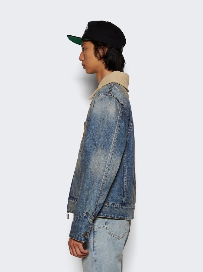 Rhude Western Zip Up Denim Jacket Indigo And Tan