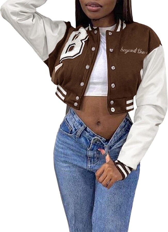 FGHDR Womens Y2K Vintage Zip Up Bomber Cropped Baseball Jacket Bodycon