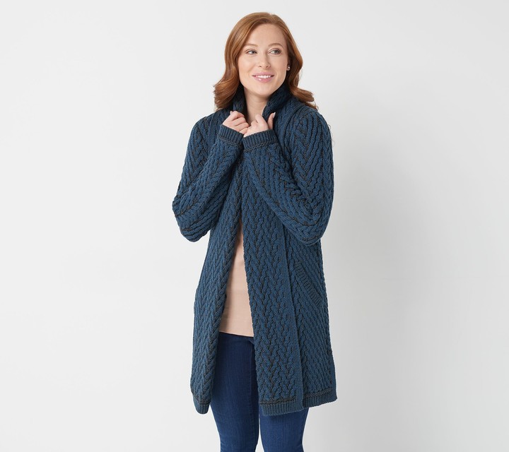 aran craft merino wool open front cardigan with pockets