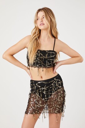 Forever 21 Women's Sequin Cropped Cami & Skirt Set in Black/Gold