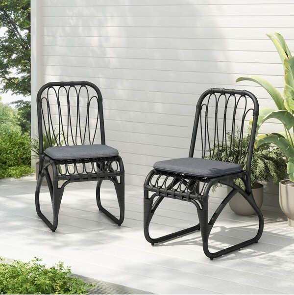 Moda Furnishings ModaFurnishingsOutdoorPEWickerDiningChairswithWashableCushionSetof2OutdoorRattanchairsforBackyardPoolsideGardenPatioGrey