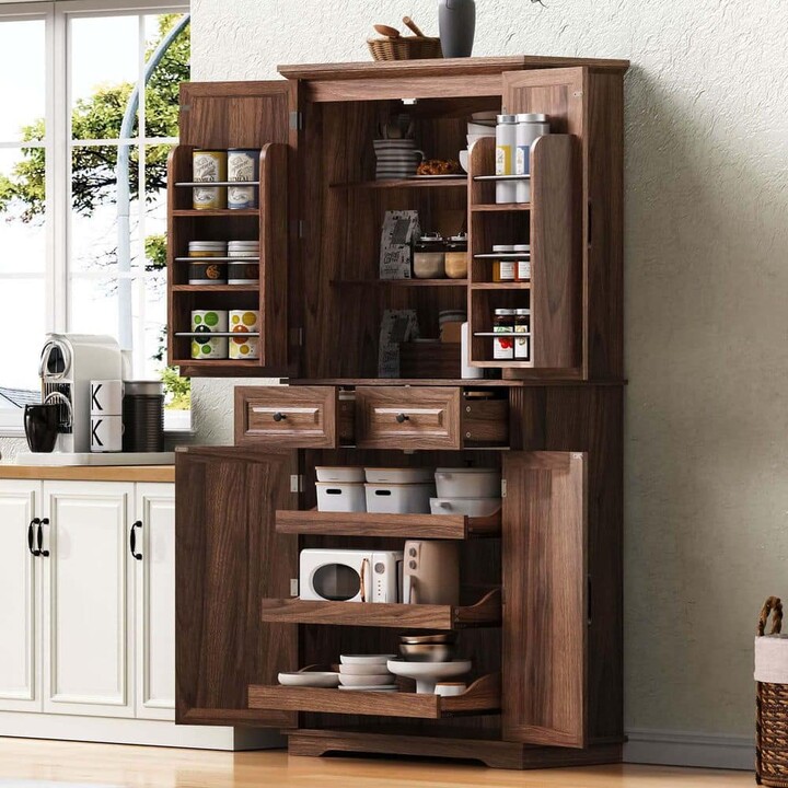 Bezeit 71 in. Tall Brown Wood Kitchen Pantry Cabinet with 3 Pull Out Cabinet Organizers