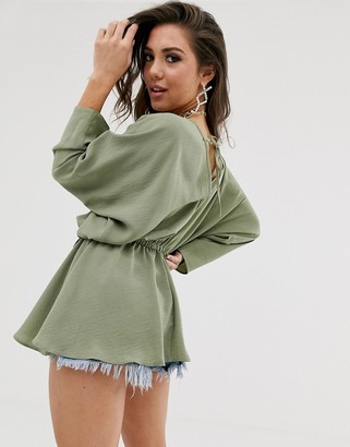 ASOS DESIGN batwing sleeve top with tie waist-No colour
