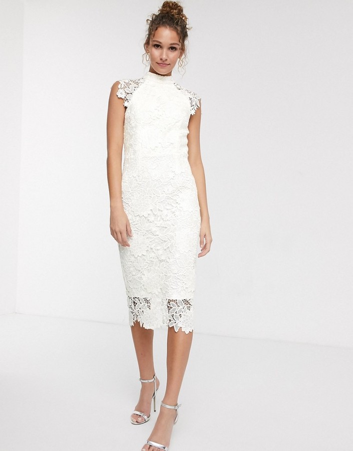 Paper Dolls high neck cap sleeve lace midi dress in winter white - ShopStyle