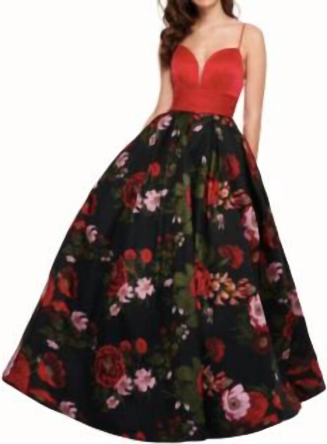 RACHEL ALLAN Floral Jacquard Ballgown In Red/multi