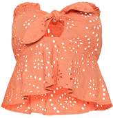 Thumbnail for your product : PrettyLittleThing Peach Broderie Anglaise Bardot Tie Front Crop Top