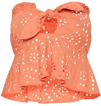 PrettyLittleThing Peach Broderie Anglaise Bardot Tie Front Crop Top