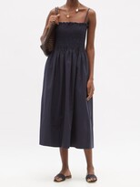 Thumbnail for your product : Three Graces London Lena Smocked Cotton-poplin Midi Dress - Navy