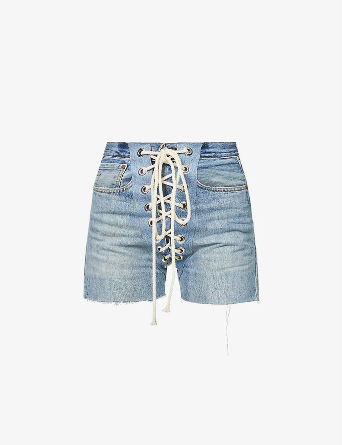 Samaria Leah Lexi lace-front high-rise upcycled denim shorts - ShopStyle