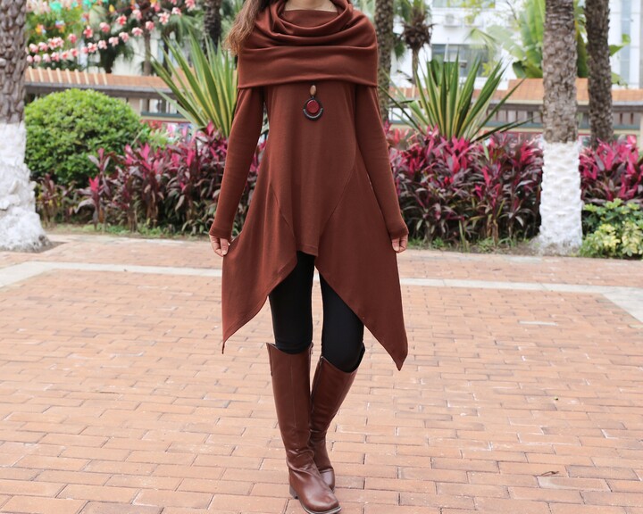 Cotton Tunic Tops, Asymmetrical Dress, Shawl Collar Top, Plus
