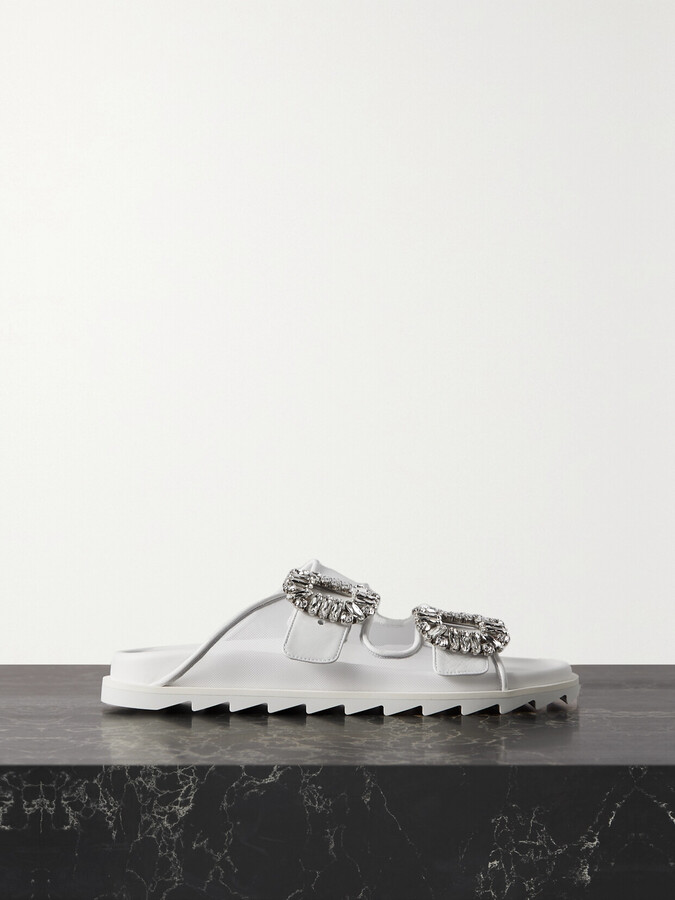 Roger Vivier Slidy Viv Crystal-embellished Leather-trimmed Mesh Slides - White