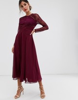 Thumbnail for your product : ASOS DESIGN long sleeve lace panelled pleat midi dress