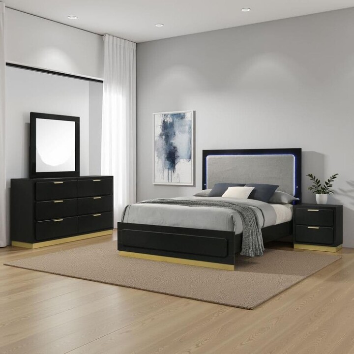 Caer 4-Piece Black Wood Queen Size Bedroom Set with Upholstery Headboard