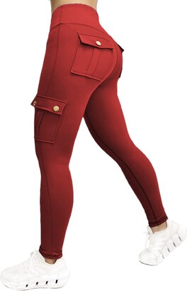 Nuofengkudu Gym Cargo Leggings with Pockets Women High Waisted Tummy Control Running Sports Trousers Push up Butt Lifting Stretch Soft Jogging Bottoms Fitness Workout Pants Streetwear Y-Wine Red XL