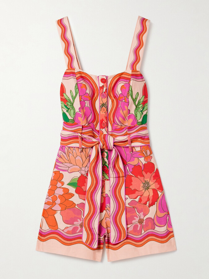 Farm Rio - Belted Printed Linen-blend Playsuit - Pink