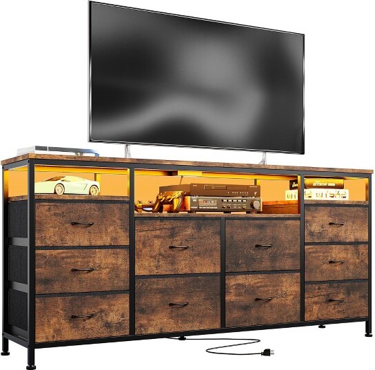 SunnyFurn FabricTVStandwith10DrawersLEDEntertainmentCenterwithPowerOutletSuitablefor65-75\