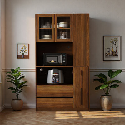 Ebern Designs 70.87" Freestanding Kitchen Pantry Cabinet With Pull-out Shelves & Glass Door, Tall Storage Hutch With Microwave Stand, 2 Drawers For Dining Room & Ki