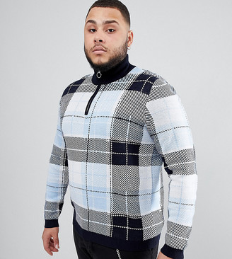 ASOS DESIGN Plus knitted turtle neck check jumper with zip in blue