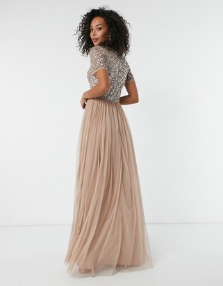 Maya Tall Bridesmaid v neck maxi tulle dress with tonal delicate sequins in taupe blush