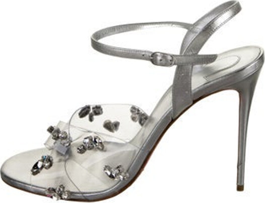 Christian Louboutin PVC Slingback Sandals Silver Leather Trim Designer
