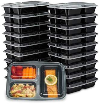 EZ Prepa [20 Pack] 32oz 3 Compartment Meal Prep Containers with Lids - Bento Box - Durable BPA Free Plastic Reusable Food Storage Containers - Stackable