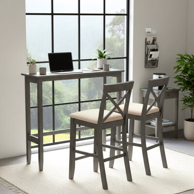 39F inc Counter Height Reception Table Set with 2 Stools, Space-Saving Design and Cushioned Seats