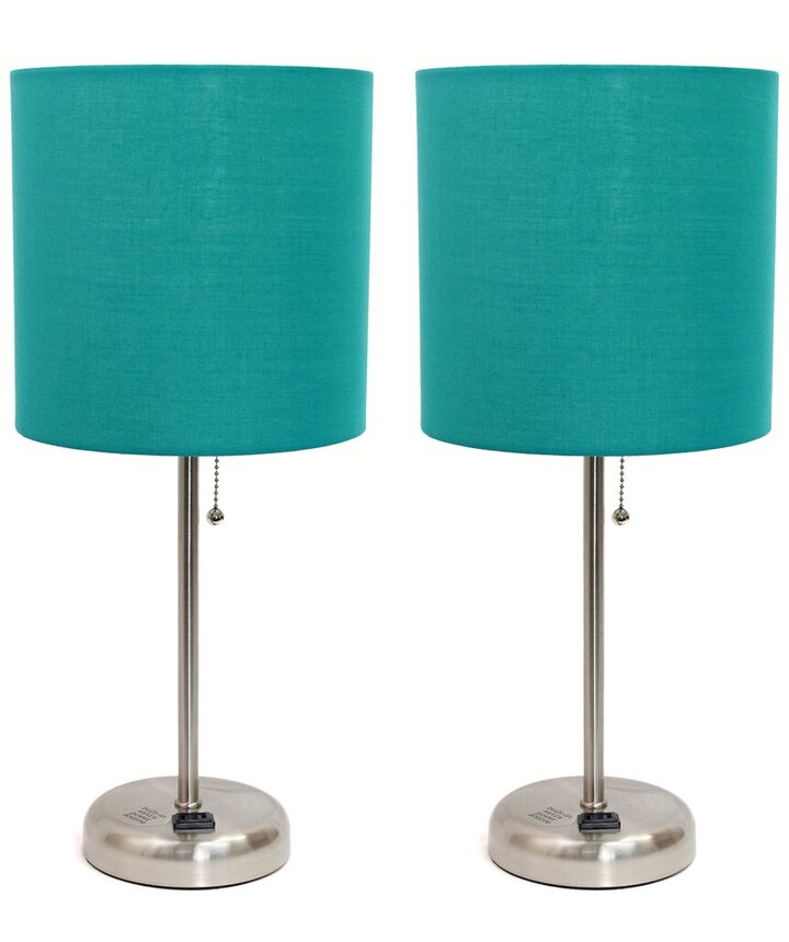 Lalia Home Brushed Steel Stick Lamp With Charging Outlet And Fabric Shade 2pk Set