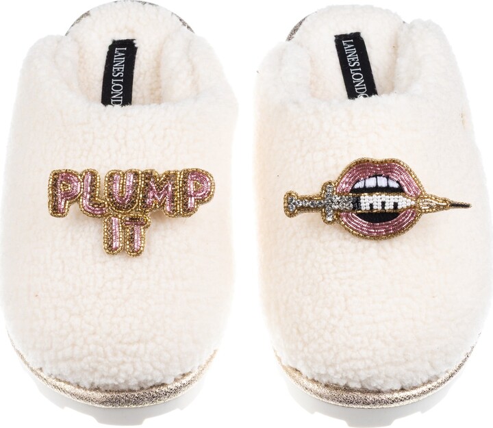 Laines London Neutrals / White Teddy Closed Toe Slippers With Plump It Pout Brooches - Cream