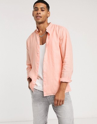 HUGO BOSS Elvorini extra slim fit grandad collar linen shirt in orange -  ShopStyle