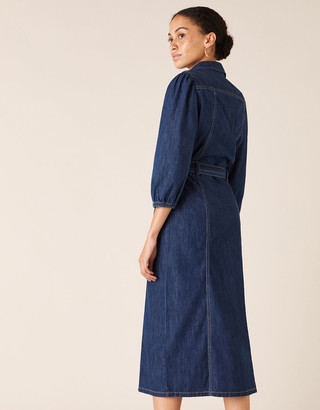 Monsoon Belted Denim Midi Dress in Organic Cotton Blue