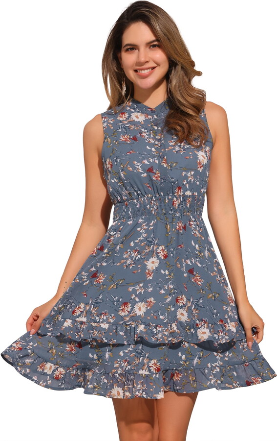 DARING DIVA Floral Chiffon Smocked Waist Ruffled Dress M Gray Blue Flower