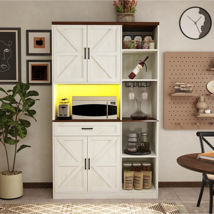 Vanirror Antique White 71" Farmhouse Pantry Hutch Cabinet, Barn Door Kitchen Storage with Led Lights & Adjustable Shelves, Freestanding Sideboard with
