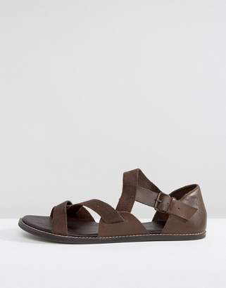 ASOS DESIGN Sandals In Brown Leather With Tape Straps