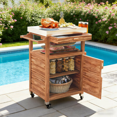 Ophelia & Co. Outdoor Kitchen Bar Cart Solid Wood Frame with Drawers