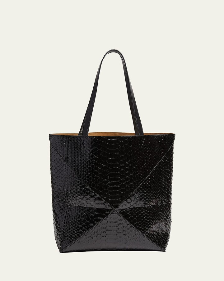 Loewe Puzzle Fold Large Patent Python-Embossed Tote Bag