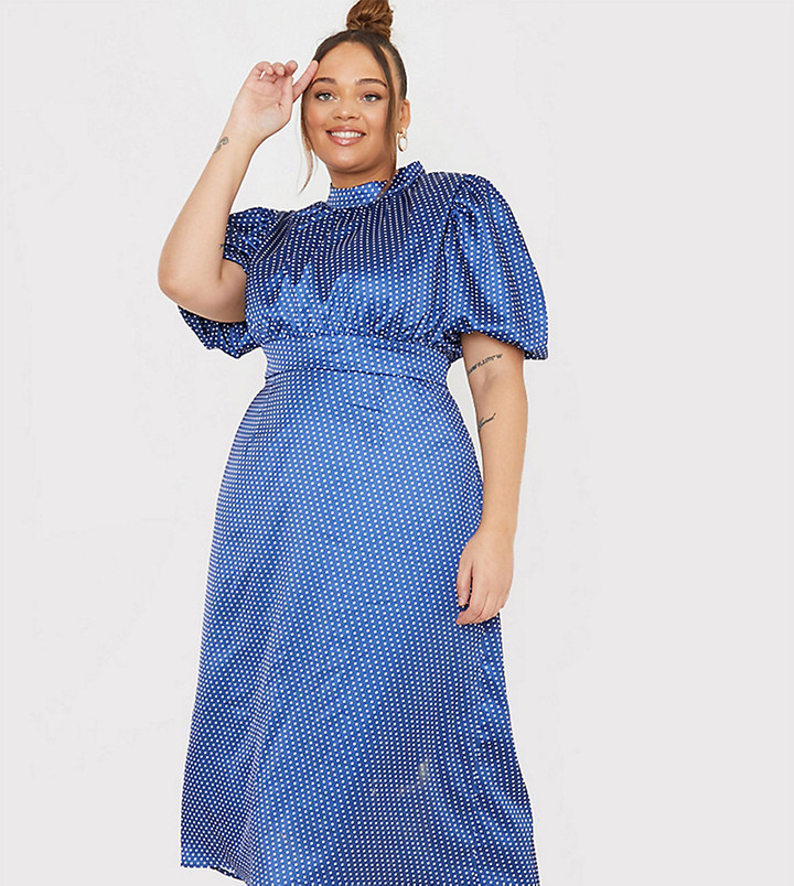 In The Style Plus x Lorna Luxe puff sleeve midi dress in navy polka dot  print - ShopStyle