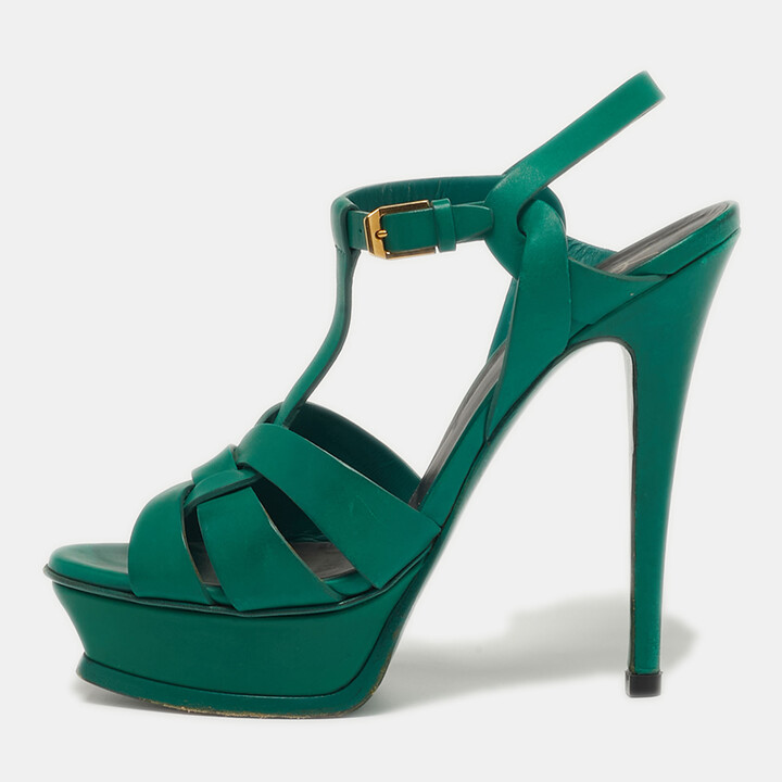 Saint Laurent Tribute Size 37.5 Green Leather Platform Sandals