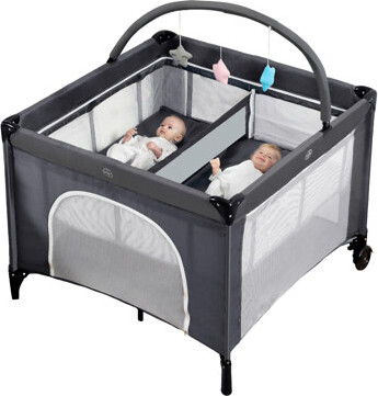 Twin Bassinet - Foldable Double Bassinet For Twins With Hanging Toys & Storage Basket, Portable Bedside Sleeper Pack And Play With Carry Bag Grey