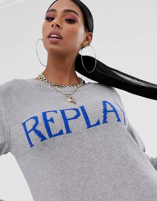 Replay Logo sweater in grey melange