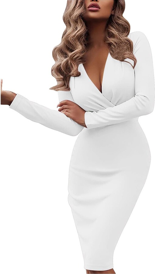 White V Neck Low Cut Cape Sleeve Bodycon Dress Cocktail Party