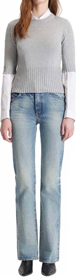 THEO THE LABEL Women's Nomia Ribbed Waist Crew Sweater Top In Heather Grey