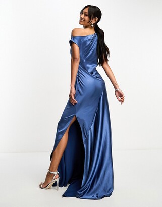 ASOS DESIGN satin twist shoulder drape maxi dress with puddle hem in blue -  ShopStyle