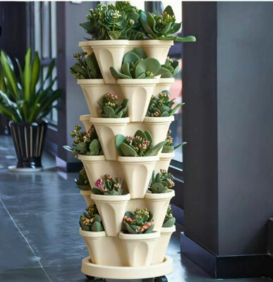 Fleur De Lis Living 16-Piece Set Of 5-Tier Stackable Vertical Garden Planters With Wheels; Durable Plastic For Indoor And Outdoor Use; Suitable For Flowers Herbs Strawb