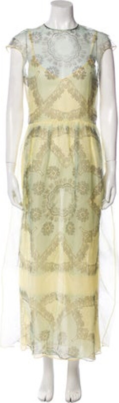 Valentino Silk Evening Gown Gold Lace Pattern Short Sleeve with Crew Neck Concealed Zip Closure at Back Designer