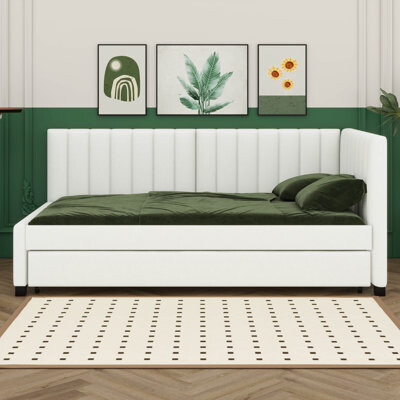 Latitude Run Twin Size Upholstered Daybed With Trundle, Linen Fabric Sofa Bed Frame, No Box Spring Needed