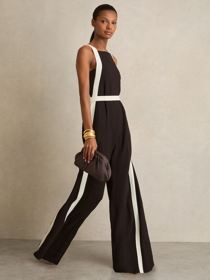 Reiss Chocolate/cream Colourblock Wide Leg Belted Jumpsuit