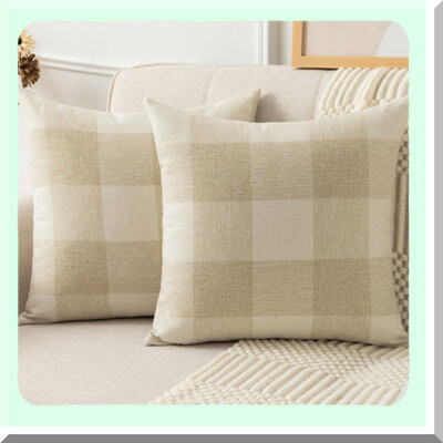 BRBCA Cozy Plaid Farmhouse Pillow Covers - Set of 2 | Soft Cotton Linen Cushion Cases for Sofa/Bedroom/Car | Fall Decorative Throw Pillows - Beige White