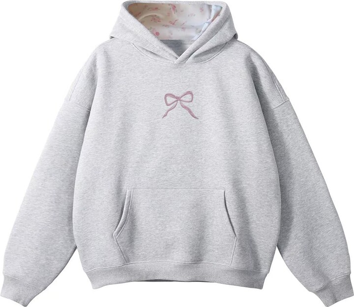 Soosuihoo Bow Hoodie Hibiscus Women Oversized Cute Graphic Embroidered Preppy Y2K Long Sleeve Sweatshirt Pullover (US