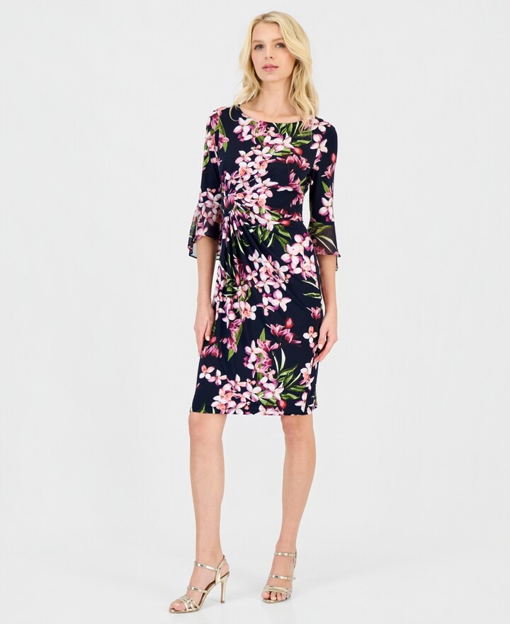 Connected Women's Floral-Print Flounce-Sleeve Dress