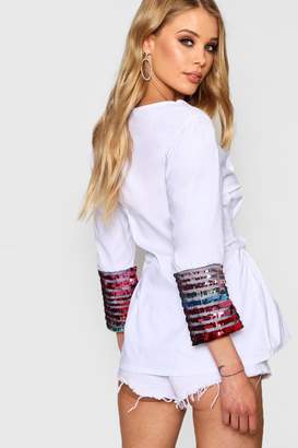 boohoo Sequin Cuff Belted Blouse
